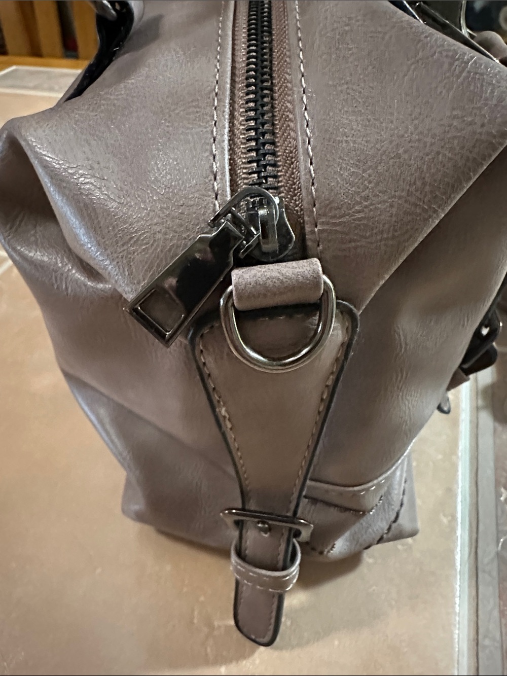 Taupe Structured Boston Satchel Handbag with Detachable Strap - Picture 5 of 14